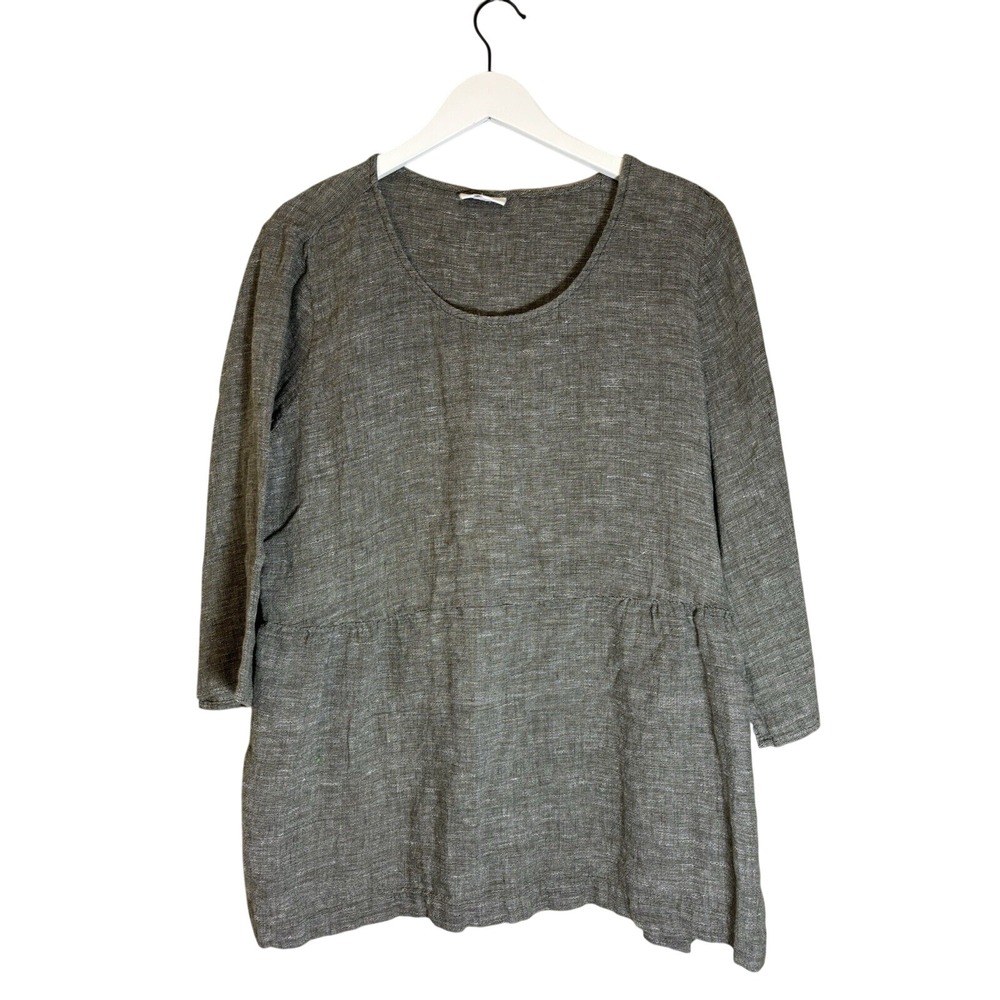 J JILL PURE JILL LINEN WEAVE 3/4 SLEEVE Scoop Neck Tunic Top Green White S